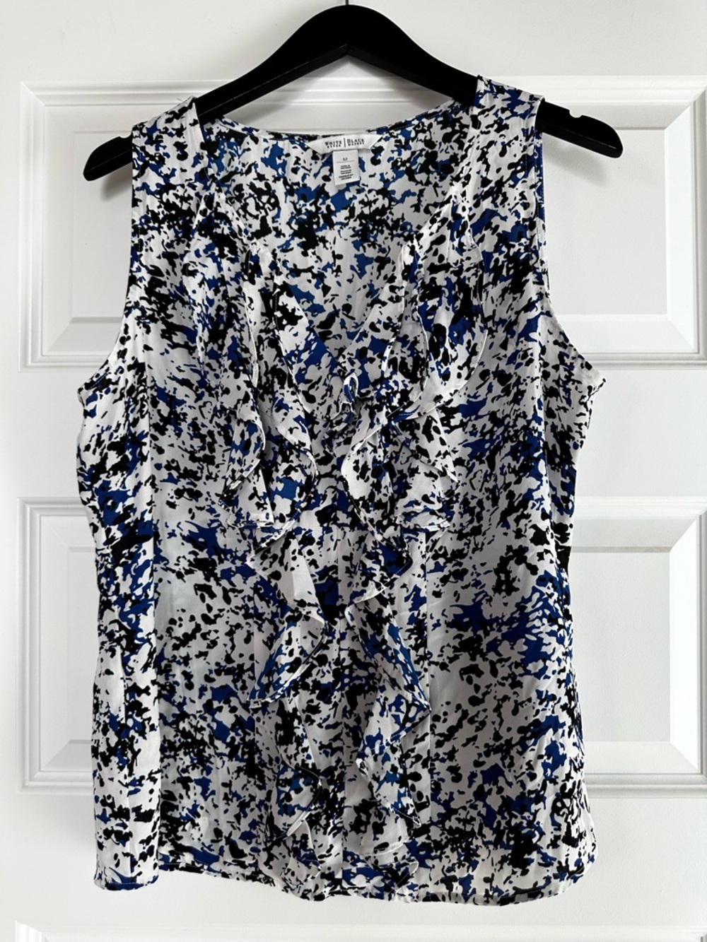 White House Black Market White, Blue & Black Ruffle V-Neck Sleeveless Top